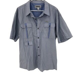 Ablanche Blue Striped Men's Short Sleeve Shirt with Metal Cargo TechnicalDetails
